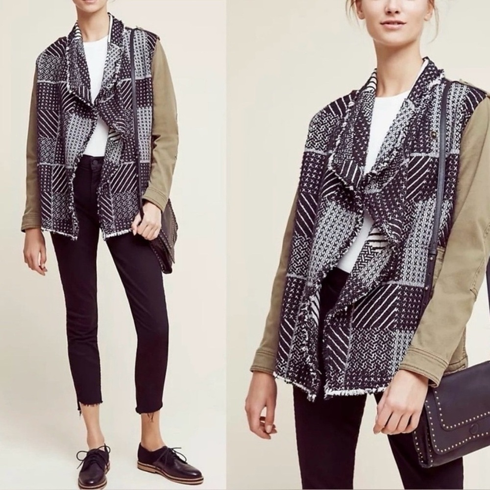 HEI‎ HEI Fieldwork Fringe Moss Green Canvas Jacket Black & White Woven Front